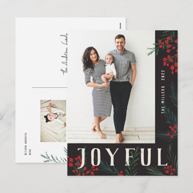 Typographic Botanicals Photo Joyful Holiday Postcard (Front/Back)