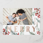 Typographic Botanicals Photo Merry Foil Holiday Card<br><div class="desc">Completely customizable in every way possible, this new holiday card collection features our original hand-painted winter berries and foliage artwork. Bold modern greetings intertwined between the artwork makes a whimsical typographic statement that stands out. This collection includes multiple photo and collage options to fit your photo preferences. The back of...</div>