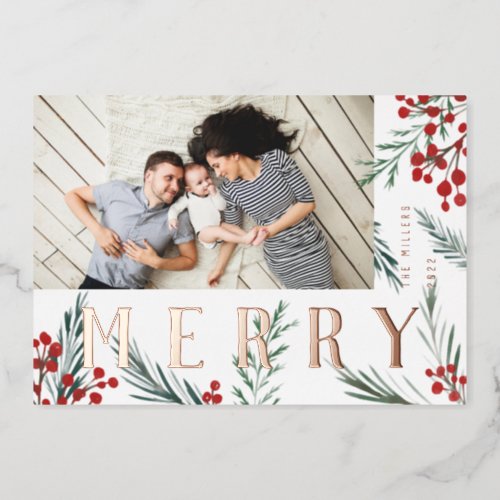 Typographic Botanicals Photo Merry Foil Holiday Card