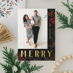 Typographic Botanicals Photo Merry Foil Holiday Card