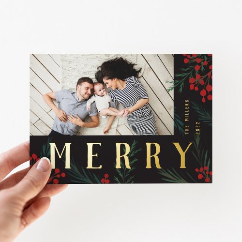 Typographic Botanicals Photo Merry Foil Holiday Card