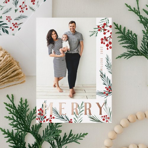 Typographic Botanicals Photo Merry Foil Holiday Card