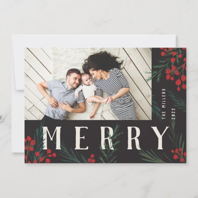 Typographic Botanicals Photo Merry Holiday Card (Front)