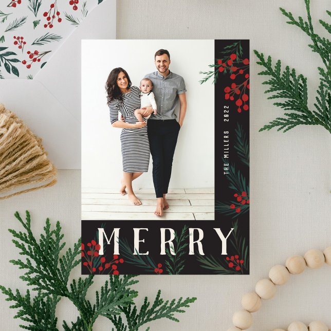 Typographic Botanicals Photo Merry Holiday Card (Creator Uploaded)
