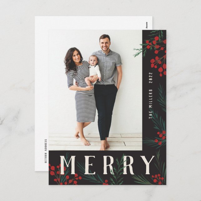 Typographic Botanicals Photo Merry Holiday Postcard (Front/Back)