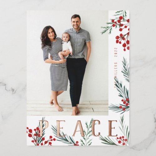Typographic Botanicals Photo Peace Foil Holiday Postcard