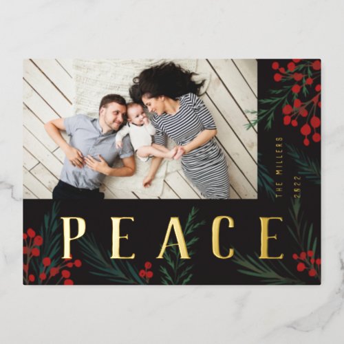 Typographic Botanicals Photo Peace Foil Holiday Postcard