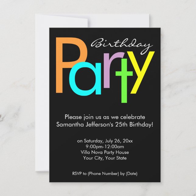 Typographic Colors Birthday Party Invitation (Front)