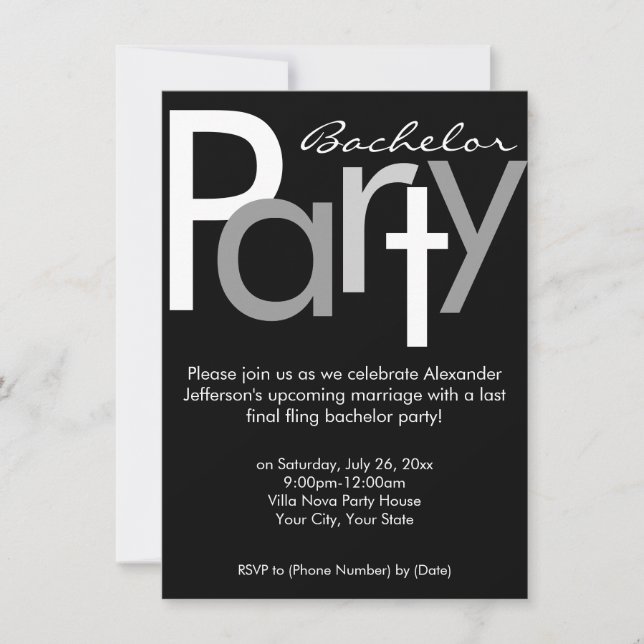 Typographic Gray Black Bachelor Party Invitation (Front)