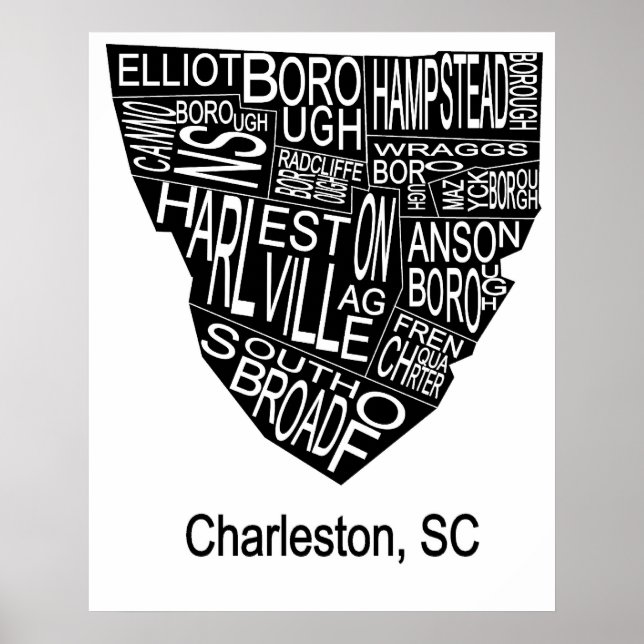 Typographic Map of Charleston Negative Poster (Front)