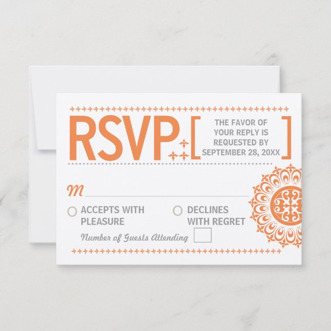 Typographic Ornamental Orange Wedding Reply RSVP Card (Front)