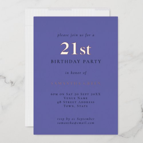 Typography 21st Birthday Purple  Rose Gold Foil Invitation