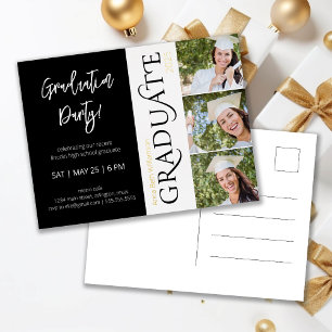 Typography 3 Photo Black & White Graduation Party Foil Invitation Postcard
