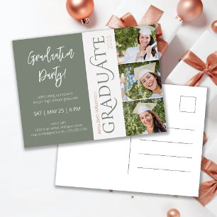Typography 3 Photo Sage Graduation Party Foil Invitation Postcard
