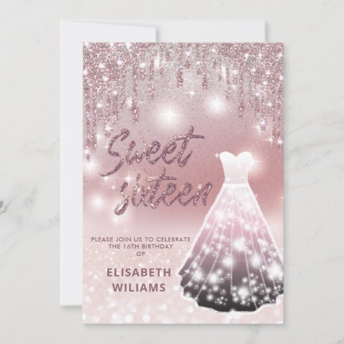 Typography adorable rose gold glittery drips ombre invitation