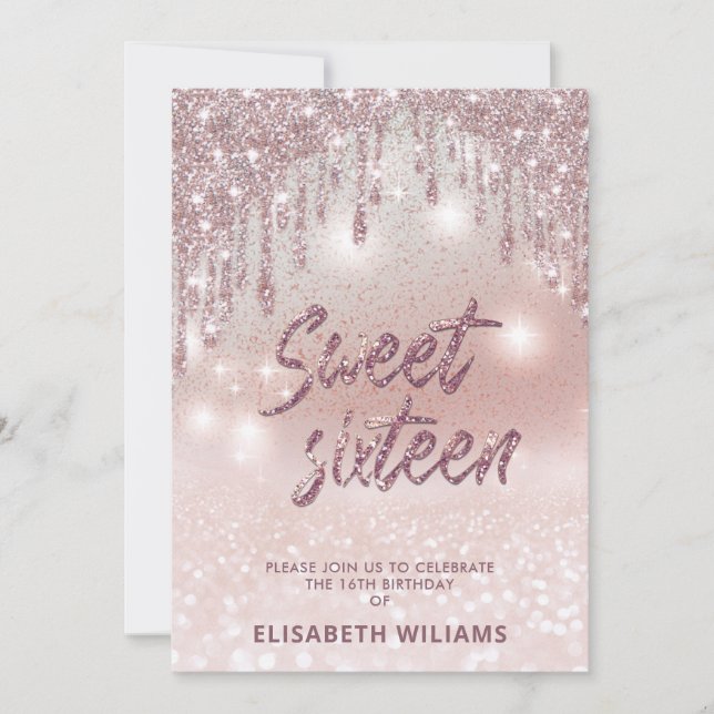 Typography adorable rose gold glittery drips ombre invitation (Front)