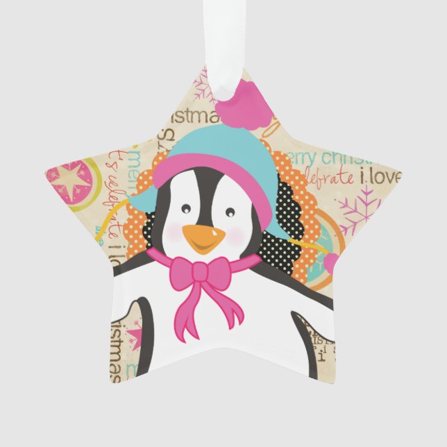Typography and Penguins Holiday Acrylic Ornament (Front)