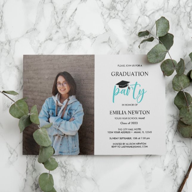 Typography Aqua White Photo Graduation Party   Invitation (Creator Uploaded)