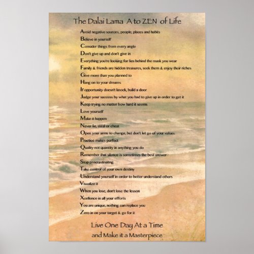 Typography Art Dalai Lama A to Zen of Life Poster