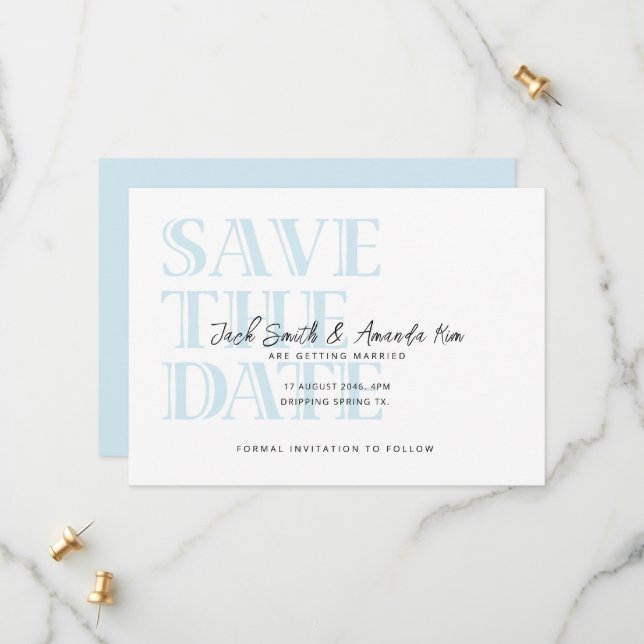 Typography Baby Blue Flat Save The Date Card (Front/Back In Situ)