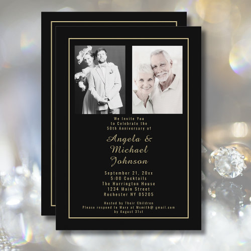 Typography Black Gold 50th Wedding Anniversary Invitation