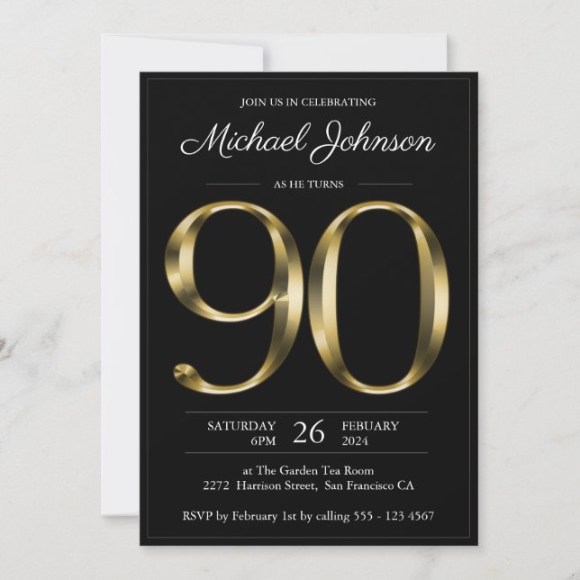 Typography Black Gold 90th Birthday Invitation (Front)