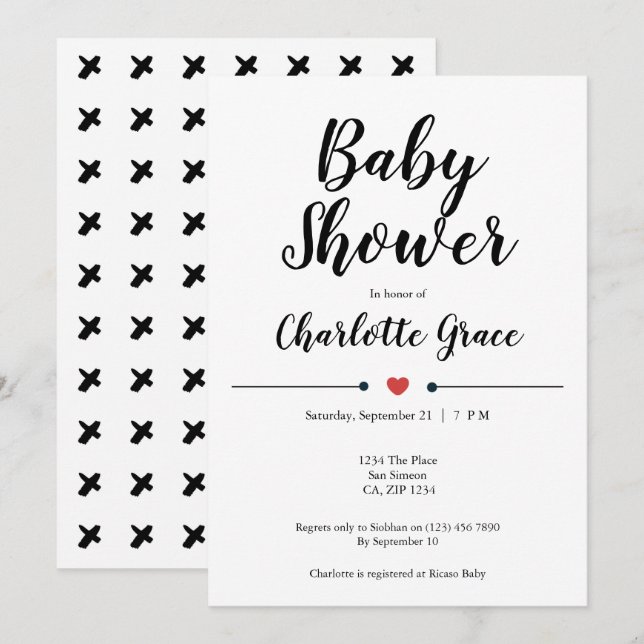 Typography Black White Baby Shower Heart Kisses Invitation (Front/Back)