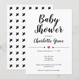 Typography Black White Baby Shower Heart Kisses Invitation