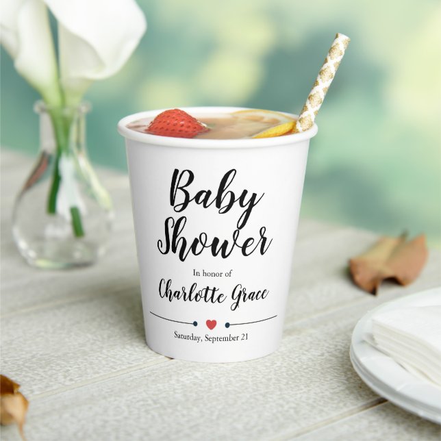 Typography Black White Baby Shower Heart Paper Cups (Insitu)
