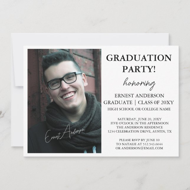 Typography Black White Photo Graduation Invitation (Front)