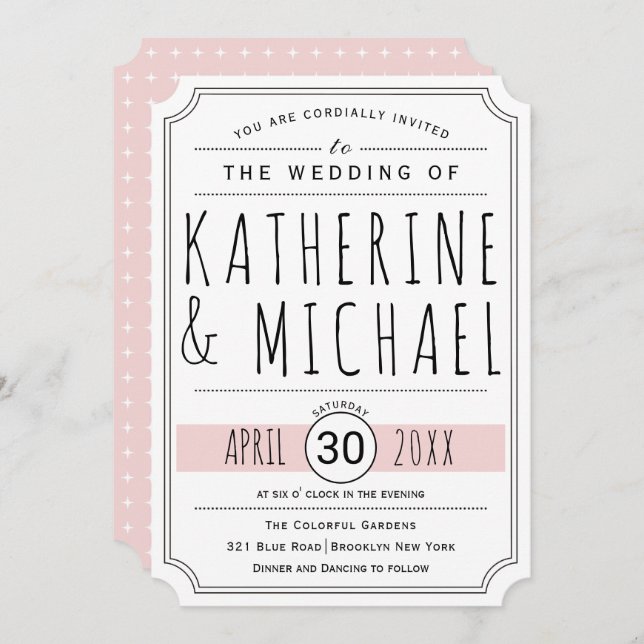 Typography  blush pink inverted corners wedding invitation (Front/Back)
