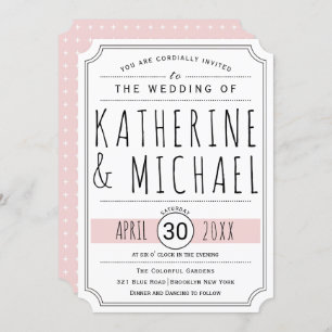 Typography blush pink inverted corners wedding invitation