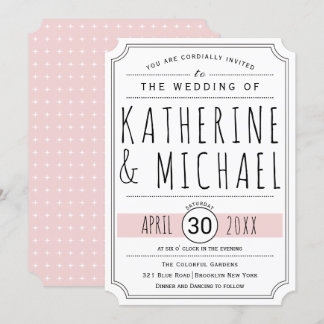 Typography  blush pink inverted corners wedding invitation