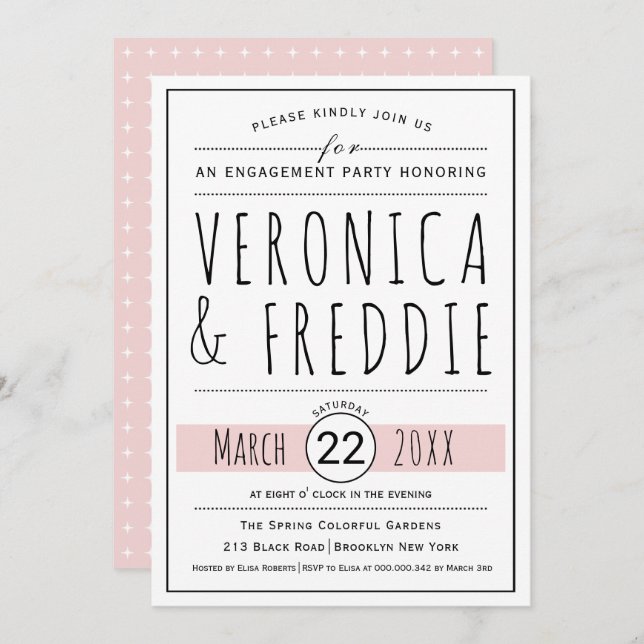 Typography blush pink wedding engagement party invitation (Front/Back)
