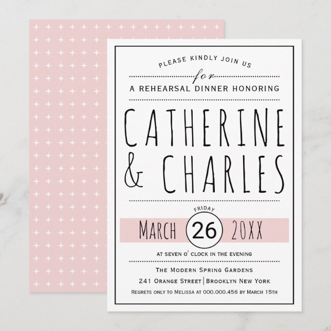 Typography blush pink wedding rehearsal dinner invitation (Front/Back)