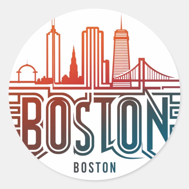 Typography Boston City Skyline Classic Round Sticker (Front)