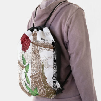 Typography Calligraphy Paris France Eiffel Tower Drawstring Bag