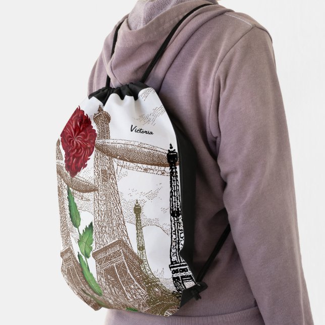 Typography Calligraphy Paris France Eiffel Tower Drawstring Bag (Insitu)