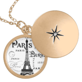Typography Calligraphy Paris France Eiffel Tower Gold Plated Necklace