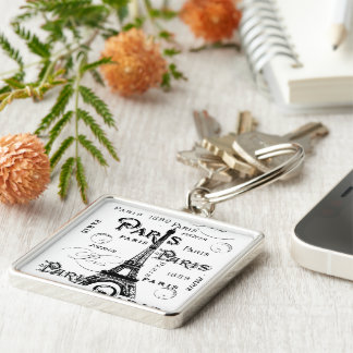 Typography Calligraphy Paris France Eiffel Tower Keychain