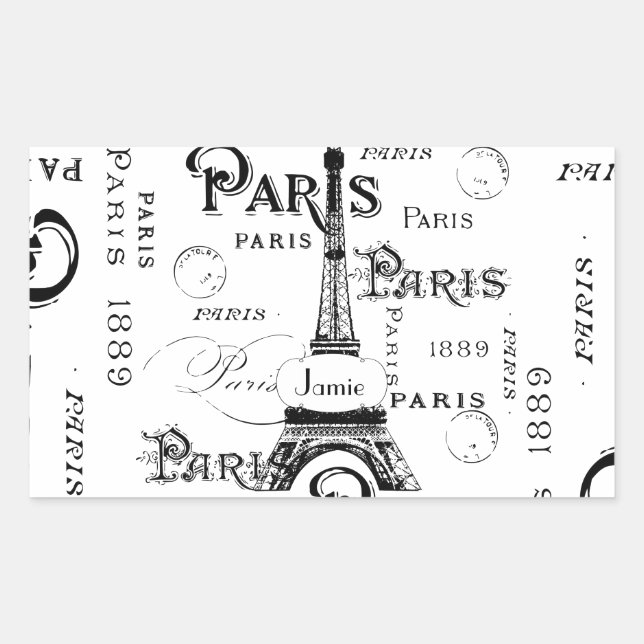 Typography Calligraphy Paris France Eiffel Tower Rectangular Sticker (Front)