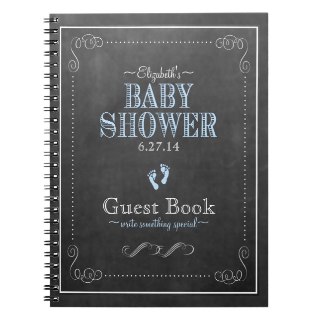 Typography Chalkboard Blue Baby Shower Guest Book (Front)