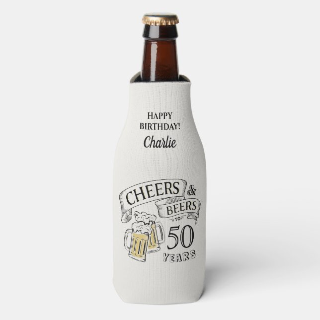 Typography Cheers And Beers Any Age Birthday Bottle Cooler (Bottle Front)