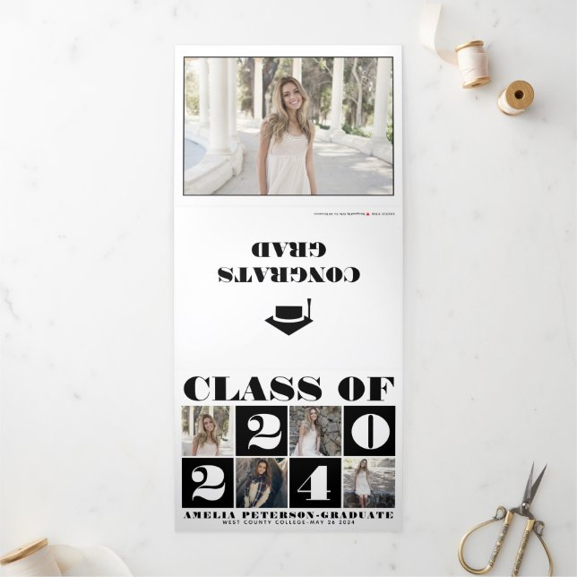 Typography Class of 2024 photo collage black white Tri-Fold Announcement (Outside)