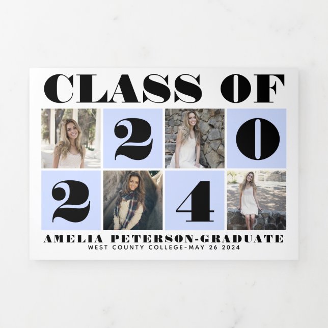 Typography Class of 2024 photo collage pale blue Tri-Fold Announcement (Cover)