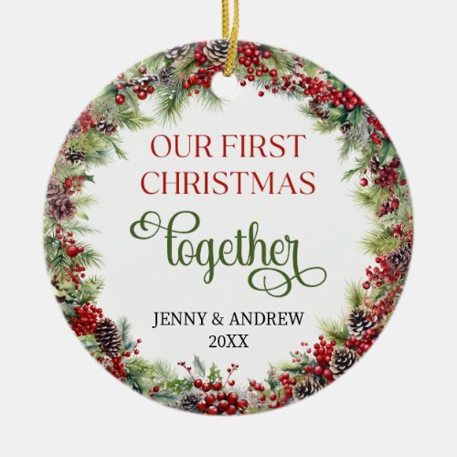 Typography classic greenery Our First Christmas Ceramic Ornament