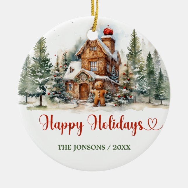 Typography classic Happy Holidays gingerbread Ceramic Ornament (Front)