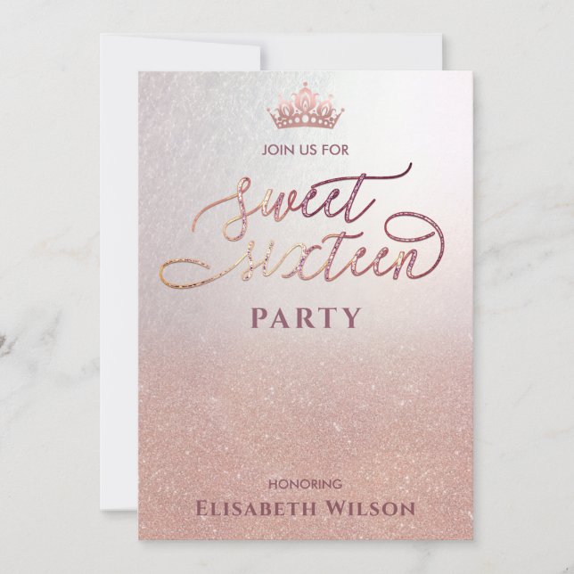 Typography  Cool rose gold tiara sweet 16 Invitation (Front)