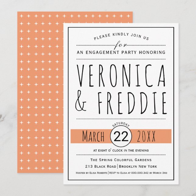 Typography coral peach wedding engagement party invitation (Front/Back)