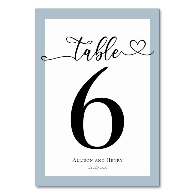 Typography Dusty Blue Gray Wedding Reception Table Number (Front)